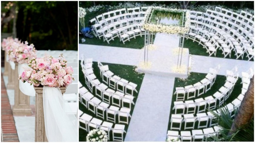 Flowered column aisle décor inspired by: I do I do I do I do Circle ceremony design inspired by: Art of Weddings